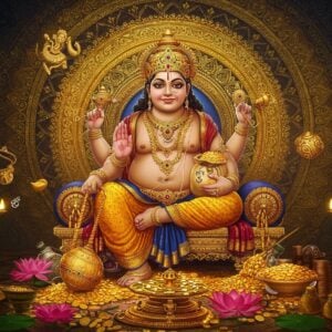 A majestic Lord Kubera seated on a golden throne, depicted as a rotund figure with fair complexion wearing royal golden dhoti and crown, adorned with precious gems and elaborate jewelry. His right hand holds a golden mace while his left hand cradles a money bag overflowing with gold coins. Behind him, a massive intricate mandala in shades of gold and royal blue radiates wealth energy. The foreground features a detailed ritualistic setup with a yantra, burning brass lamp, fresh lotus flowers, and coins scattered on a decorative cloth. Floating elements include golden lotus petals, mystical symbols of wealth, and swirling patterns of prosperity in metallic colors. The scene is illuminated by divine golden light creating an ethereal atmosphere. Art style merges traditional Madhubani patterns in the background with modern digital rendering, using rich colors like deep gold, royal blue, emerald green, and burgundy. The setting suggests opulence with gemstones, precious metals, and sacred geometry patterns creating a contemporary yet spiritually authentic composition. The overall mood conveys divine abundance and material prosperity.
