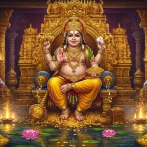 A majestic Lord Kubera seated on a golden throne, depicted as a stout figure with fair complexion wearing royal yellow silk dhoti and adorned with spectacular golden jewelry. His four hands hold a mace (gada), a money bag (golden pouch), a conch shell, and a lotus respectively. Behind him rises an ornate temple architecture merging traditional South Indian gopuram style with modern geometric patterns, illuminated by divine golden light. The temple walls feature intricate Madhubani-style paintings showcasing wealth symbols - golden coins, gems, and treasury chests. In the foreground, a serene lotus pond reflects the temple's golden glow, with floating diyas and scattered gold coins. The scene is framed by two mystical divine white yakshas standing guard, holding jewel-studded spears. Ethereal mist with sparkling golden particles swirls around the temple base. The overall color palette features rich gold, royal purple, deep maroon, and peacock blue, with modern gradient lighting effects. The artwork style combines traditional Indian temple art with contemporary digital art techniques, creating a surreal, wealthy, and spiritually charged atmosphere.