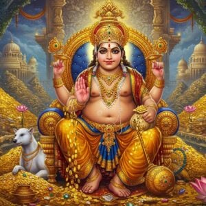 A majestic Kubera seated on a bejeweled golden throne, portrayed as a corpulent figure with fair complexion wearing ornate golden dhoti and crown, holding a mace in his right hand and a money bag in his left. His round belly symbolizes abundance, adorned with precious gemstone necklaces and gold ornaments. Behind him, a breathtaking treasury filled with mountains of gold coins, precious gems, and artifacts, illuminated by magical golden light. The scene includes his vahana, the white mongoose, guardian of wealth, near his feet. The background features his celestial palace Alakapuri, with architectural elements combining ancient Indian temple architecture and ethereal aesthetics, floating in clouds. Intricate Madhubani-style patterns in gold and deep blue frame the scene. Lotus flowers and peacocks in rich colors add divine elements. The lighting is warm and golden, creating a supernatural glow. The overall composition suggests abundance, prosperity, and divine wealth, with a modern digital art style while maintaining traditional Indian art elements.