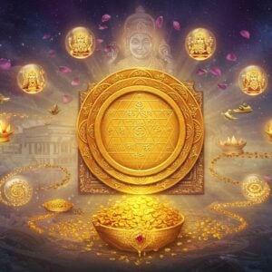A mystical golden Kubera Yantra floating in a ethereal space, intricately detailed with Sanskrit inscriptions glowing with divine light. The yantra emanates rays of prosperity in shades of gold, saffron, and deep purple. Lord Kubera appears in semi-transparent form behind the yantra, depicted as a wealthy, pot-bellied deity with royal gold ornaments, sitting on a gem-studded throne, holding a money bag in his right hand and a mace in his left. Surrounding the central yantra are eight smaller crystalline manifestations of wealth - gold coins, gems, precious metals flowing in spiral patterns. The background features a modern mansion and luxury items rendered in a subtle, ethereal style. Floating lotus petals and cosmic swirls in rich peacock blue and royal purple add depth. The scene is illuminated by divine light sources creating a dramatic interplay of light and shadow. Art style merges traditional Madhubani patterns with modern digital art techniques, emphasizing geometric precision and metallicological details. The overall composition suggests abundance, divine blessings, and material prosperity.