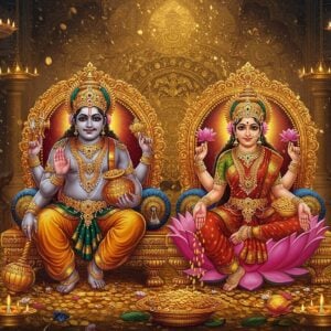 A majestic scene showing Lord Kubera and Goddess Lakshmi seated on ornate golden thrones side by side. Kubera portrayed as a robust, fair-complexioned figure wearing jewel-studded royal attire and crown, holding a treasure pot and mace. Goddess Lakshmi in rich red silk saree with gold border, adorned with traditional temple jewelry, seated on a pink lotus, her four hands holding lotus flowers and showering gold coins. Behind them, a massive Madhubani-style mandala in gold and deep maroon. The background features a modern interpretation of Kubera's treasury with stacks of gold coins, precious gems, and treasure chests, illuminated by divine light. Ethereal lotus flowers float in the foreground, emitting a soft golden glow. Peacocks with detailed feathers in royal blue and gold frame the scene. The entire composition has a surreal, spiritual quality with floating golden particles and soft light rays. Style combines traditional Indian Pattachitra art with contemporary digital aesthetics, using a color palette of gold, deep maroon, emerald green, and royal blue.