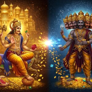 A dramatic confrontation scene showing Kubera and Ravana in their divine splendor, positioned on opposite sides of a richly detailed composition. Kubera appears as a regal figure with golden complexion, adorned in ornate jewelry and royal garments in deep blues and golds, seated on his Pushpaka Vimana decorated with precious gems. He holds his symbols - a mace, a pomegranate, and a money bag made of gold thread. Ravana stands imposingly with his ten heads arranged in a majestic crown formation, each with different expressions of pride and anger, wearing royal attire in deep maroons and blacks with gold accents. Between them, floating golden coins, jewels and treasures create a swirling pattern. The background features Lanka's golden palace on one side and Alakapuri's crystal palace on the other, connected by intricate Madhubani-style patterns in gold. Magical sparkles and ethereal light illuminate the scene from above. The art style combines traditional Indian Pattachitra patterns with modern digital fantasy art techniques, using a rich color palette of deep maroons, royal blues, burnished golds, and jet blacks. The overall composition suggests both conflict and a shared heritage, with symbolic elements of wealth and power integrated throughout.