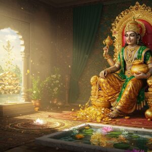 A majestic Lord Kubera seated on a golden throne in the North direction of an opulent modern Indian home interior, holding a golden pot in his right hand and a mace in his left hand, adorned with precious gemstones and golden jewelry. He wears rich silk robes in deep emerald green and gold. The scene features intricate Madhubani-style patterns in the background with golden coins, jewels, and wealth symbols flowing from his treasure pot. The interior space showcases perfect Vastu elements - a crystal yantra on the floor, money plants in copper pots, and a rectangular water feature with floating lotus flowers. Soft divine light streams through a North-facing window, creating an ethereal glow. The color palette includes rich gold, emerald green, royal purple, and copper tones. The space is decorated with modern geometric patterns blended with traditional Indian motifs. Realistic digital art style with surreal lighting effects and attention to intricate details. The atmosphere exudes luxury, prosperity, and spiritual abundance.
