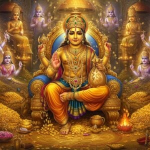 A majestic representation of Lord Kubera seated on a gem-studded golden throne, adorned in rich gold and emerald jewelry, holding his signature money bag in his right hand and Kuncham (divine broom) in his left hand. His complexion is golden-yellow, wearing a luxurious silk dhoti and crown studded with nine gems. Behind him, a grand treasury room filled with mountains of gold coins, precious gems, and sacred artifacts, illuminated by mystical golden light. The walls feature intricate Madhubani-style patterns depicting wealth symbols - conch shells, lotus flowers, and coins. Nine celestial Nidhis (treasure guardians) in ethereal forms float around him, each emanating distinct colored auras. The floor features an elaborate yantra pattern in gold inlay. A soft spiritual glow encompasses the scene, with floating golden particles and subtle lens flares. The art style combines hyperrealistic digital rendering with traditional Indian artistic elements, focusing on rich metallics, deep jewel tones, and intricate details. The atmosphere suggests both material abundance and spiritual prosperity.