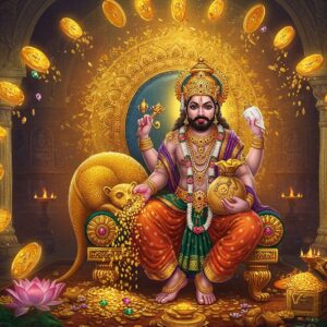 A majestic Indian deity Kubera seated on a golden throne, wearing opulent royal attire adorned with precious gems and gold jewelry, holding a golden mongoose in his right hand that's spewing jewels and coins from its mouth. The mongoose has ruby-red eyes and is crafted in intricate Madhubani style with detailed patterns. Kubera's left hand holds his trademark money bag made of rich brocade fabric. Around him floats a mesmerizing display of gold coins, precious gems, and pearl necklaces in a spiral pattern. The background features a large, glowing mandala in shades of gold and saffron, with smaller wealth symbols like conch shells and treasure chests arranged symmetrically. The scene is set in a divine treasury with ornate pillars decorated with traditional Indian motifs. Soft ethereal light bathes the scene, creating a spiritual atmosphere. The art style combines traditional Indian Pattachitra elements with modern digital art techniques, using a rich color palette of deep gold, royal purple, emerald green, and burnished copper. Subtle lotus patterns float in the foreground, while peacock feather motifs adorn the corners of the scene.