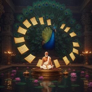 A serene Indian scholar in elegant traditional Tamil attire (white veshti and angavastram) sits cross-legged on an ornate brass platform, surrounded by floating, ethereal Tamil manuscripts rendered in gold calligraphy. The manuscripts spiral around him in a dynamic helix pattern, with each page emanating a soft golden glow. Behind him, a massive stylized peacock, painted in rich peacock blue and emerald green, forms a mandala-like pattern. The peacock's feathers transform into flowing Tamil poetry verses. The scene is set in a mystical library with Dravidian architecture, with carved pillars featuring intricate Kolam patterns. Floating oil lamps cast warm, golden light, creating dramatic shadows. In the foreground, a temple pond reflects the entire scene like a mirror, with lotus flowers in various stages of bloom. The art style combines traditional Tanjore painting techniques with modern digital art, featuring deep jewel tones of maroon, gold, and sapphire blue, with metallic accents and subtle sacred geometry patterns woven throughout the composition. The lighting is dramatic and mystical, with rays of light filtering through the scene.