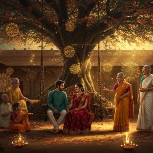 A serene Indian family scene in a traditional courtyard with contemporary architectural elements, featuring three generations gathered together. In the center, a young couple in modern Indian attire sits on an ornately carved wooden swing, their postures expressing deep connection. To their right, elderly grandparents in traditional clothing share wisdom, while to their left, friends engage in heartfelt conversation. The scene is framed by a massive blooming banyan tree with golden light filtering through its leaves, creating a magical atmosphere. Intricate Madhubani-style patterns flow through the background in muted gold and peacock blue. Floating Tamil-style geometric patterns and mandalas emerge from their interactions, symbolizing the flow of wisdom. The lighting is warm and ethereal, with soft glowing orbs and delicate light streams connecting the figures. The color palette features deep maroon, saffron, turquoise, and gold, with modern gradient effects. Multiple circular motifs represent the cyclical nature of relationships, rendered in a contemporary minimalist style. The scene seamlessly blends traditional Indian architectural elements with modern design, creating a timeless yet contemporary atmosphere.