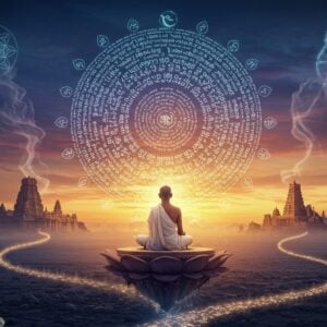 A serene Indian sage in contemporary clothing (white kurta, minimal jewelry) sits in padmasana on a floating lotus platform, illuminated by soft golden light. Behind him, an intricate 3D mandala made of Tamil scripts transforms into modern holographic projections. The background features a gradient from deep indigo to sunrise orange, with ethereal wisps of light forming ancient Tamil architectural elements. Two paths emerge from the lotus - one leading to modern skyscrapers, another to ancient Tamil temples, both connected by streams of flowing light. Floating crystals and sacred geometry patterns surround the scene, while subtle Thiruvalluvar motifs (including his traditional silhouette) are woven into the mandala patterns. The lighting creates a dramatic interplay of light and shadow, with soft glowing orbs representing wisdom floating around the sage. The art style combines hyperrealistic digital painting with traditional Tamil art patterns, featuring rich colors like deep blues, royal purples, and warm golds. The overall composition suggests a bridge between ancient wisdom and modern spirituality.