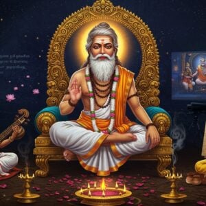 A majestic Indian sage Thiruvalluvar in traditional white dhoti and sacred thread, seated in padmasana on an ornate golden throne, radiating divine wisdom. His distinctive long beard and hair flow gracefully, surrounded by a glowing mandala halo. To his left, a classical Carnatic musician plays veena, the music visualized as ethereal swirling patterns in deep blues and golds. To his right, a contemporary Indian artist paints on a canvas using vibrant colors of red, saffron, and turquoise. In the background, a modern cinema screen projects scenes from Tamil culture in dreamy, watercolor-style visuals. Floating lotus flowers and Tamil script motifs create an intricate border pattern. The lighting is mystical with soft golden rays emerging from behind Thiruvalluvar. The art style blends traditional Tanjore painting techniques with modern digital art, featuring rich textures, metallic accents, and a harmonious color palette of deep maroons, royal blues, and burnished golds. Small falling petals and incense smoke add movement to the scene.
