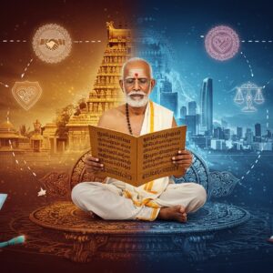 A serene elderly Indian scholar in crisp white dhoti and angavastram, sitting cross-legged on an ornate mandala platform, holding a palm leaf manuscript with Tamil scripts. Behind him, a dynamic visual metaphor shows two interconnected worlds: one side depicting ancient Tamil architecture with temple spires and traditional elements in gold and saffron hues, the other side showing modern cityscapes with sleek buildings and digital interfaces in cool blues. Floating around him are ethereal, glowing symbols representing universal values - a handshake (friendship), a balance scale (justice), a heart (love), and a tree (growth) - rendered in Madhubani art style. The background features a subtle gradient from deep maroon to peacock blue, with intricate Tamil motif patterns. Soft golden light emanates from the manuscript, casting a warm glow on the scene. Modern young Indian professionals in contemporary attire are shown small scale in the corners, applying these teachings in various life situations. The entire composition is framed by a contemporary interpretation of traditional Tamil border designs with lotus motifs. Hyperrealistic digital art style with magical realism elements.