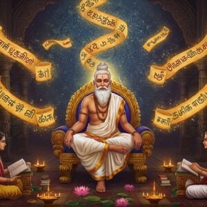 A majestic scene depicting ancient Tamil sage Thiruvalluvar seated in padmasana on an ornate golden throne, wearing traditional white dhoti and angavastram, with a flowing white beard and sacred thread. He's surrounded by floating, luminous scrolls in various scripts - Sanskrit Devanagari, Arabic, Chinese, English, and Tamil, each emitting a soft golden glow. The scrolls spiral upward in a DNA-like helix. Behind him, a large, intricate mandala in deep peacock blue and gold represents universal wisdom. In the foreground, three groups of people in different traditional attires (Indian, East Asian, and Middle Eastern) are seated, studying the scrolls. Ethereal light beams connect the scrolls to their readers, symbolizing knowledge transmission. The scene is set in a mystical library with Dravidian architecture, with carved pillars and arches. Floating diyas and lotus flowers add spiritual ambiance. The color palette features rich maroon, royal blue, and gold with subtle pastel undertones. Art style combines traditional Thanjavur painting techniques with modern digital art, emphasizing photorealistic details with a magical, surreal quality.