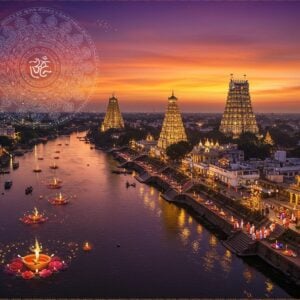 A majestic aerial view of Kurnool city at sunset, with the historic Konda Reddy Fort illuminated in golden light against a backdrop of mystical purple and orange sky. The Tungabhadra River flows serenely below, its waters reflecting golden ripples. In the foreground, a detailed Madhubani-style mandala floats ethereally, incorporating motifs of local temples and spiritual symbols. Traditional Indian architecture merges with futuristic elements, showing sleek glass buildings alongside ancient temples. The scene features intricate Pattachitra-style borders with patterns of lotus flowers and peacocks. Small groups of pilgrims in traditional Indian attire are seen walking along illuminated pathways. The Srisailam temple's spire is visible in the distance, shrouded in a soft, divine glow. The color palette combines deep maroons, saffron, and peacock blues with modern metallic highlights. Floating diyas and flower petals create a magical atmosphere, while digital holographic projections of ancient Sanskrit texts shimmer subtly in the air. The art style seamlessly blends traditional Indian art forms with contemporary digital aesthetics, creating a harmonious vision of spiritual heritage meeting modern progress.