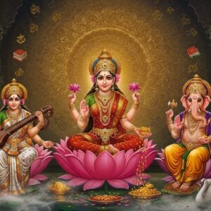 A grand celestial scene depicting Goddess Lakshmi seated on a blooming pink lotus in the center, wearing a red and gold silk saree, four-armed, holding lotus flowers in two hands, showering gold coins from one hand, and blessing gesture in another, adorned with spectacular gold jewelry. To her right, Lord Ganesha seated on a smaller lotus, skin tone deep red, four-armed, holding modak, broken tusk, ankusha, and pasha, wearing a rich yellow dhoti with red embellishments. To her left, Goddess Saraswati in pristine white saree with gold border, seated on a white lotus, four-armed, playing the veena, holding scriptures, and crystal mala, with her vahana swan gracefully swimming below. Behind them, a massive ornate mandala glowing in ethereal golden light, surrounded by floating sacred symbols. The background features swirling patterns of wealth symbols, books, musical notes, and lotus petals in Madhubani art style. Soft mystical fog in peacock blue and gold tones floats around their feet. The lighting is divine with warm golden rays emerging from behind, creating a sophisticated spiritual atmosphere. Architectural elements of ancient Indian temples frame the scene with intricate carvings.