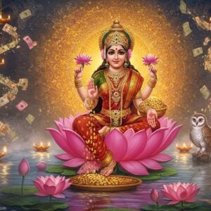 A resplendent Goddess Lakshmi seated on a blooming pink lotus in padmasana pose, four arms holding golden coins, lotus flowers, and showering gold coins. She wears a rich red and gold silk saree with intricate zari work, adorned with traditional temple jewelry including a grand maang tikka, multiple necklaces, and bangles. Behind her, a massive ornate mandala in shades of gold and saffron radiates divine light. Floating coins and currency notes spiral around her in a mystical pattern. Sacred lotus flowers in various stages of bloom float on a serene pool of water reflecting golden light. Ethereal mist in soft pastel hues surrounds the scene. Her divine vehicle, the white owl, perches regally nearby. Multiple small diyas with glowing flames float around, creating a magical atmosphere. The background features intricate Madhubani-style patterns in gold and peacock blue. The lighting is warm and divine, with soft golden rays emanating from Lakshmi herself. The art style combines hyperrealistic digital rendering with traditional Indian art motifs, creating a modern yet spiritually authentic appearance.
