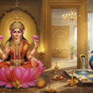 A serene, opulent scene showing Goddess Lakshmi in her traditional form with four arms - lower right hand in Abhaya mudra, lower left holding lotus, upper hands holding golden coins and lotus - seated on a pink lotus in Padmasana. She wears a rich red and gold silk saree with intricate zari work, adorned with temple jewelry. Behind her, a large ornate golden doorway with traditional Indian architecture merges into modern minimalist home interiors. The room features a wealth corner with soft golden light, crystal chandelier, and flowing water feature. Feng shui elements visible through elegant placement of mirrors, plants, and crystals. The background showcases a subtle yantra pattern in gold, overlaid with soft glowing mandalas. Peacocks in metallic hues frame the scene. The color palette combines traditional deep reds and golds with modern pastel pink and sage green. Ethereal light streams through windows, creating an atmosphere of divine prosperity. Style combines traditional Madhubani patterns with contemporary digital art techniques, maintaining photorealistic details with spiritual undertones.