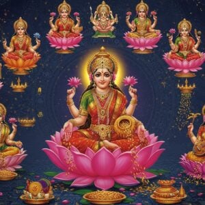 A radiant central figure of Goddess Lakshmi in a rich red and gold silk saree, seated on a magnificent pink lotus, four hands holding lotus flowers, golden coins, and a pot of wealth. Surrounding her in a circular mandala formation are her eight forms, each distinct and ethereal: Adi Lakshmi in royal gold attire blessing with abhaya mudra, Dhanya Lakshmi holding grain sheaves, Gaja Lakshmi flanked by two ornate elephants showering golden water, Santana Lakshmi holding a baby, Dhana Lakshmi surrounded by golden coins and gems, Veera Lakshmi in warrior pose with weapons, Vijaya Lakshmi with victory flags, and Vidya Lakshmi holding sacred texts and a veena. The background features intricate Madhubani-style patterns in deep peacock blue and gold, with floating lotus petals, spiritual symbols, and sacred geometry. Soft divine light emanates from each form, creating a mesmerizing glow. Modern digital art style with traditional Indian art elements, photorealistic details in jewelry and fabric textures, surreal lighting effects with golden particles floating in the atmosphere. The scene exudes opulence, divinity, and spiritual power.