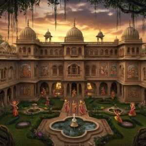 A majestic aerial view of Lakshmi Vilas Palace in Vadodara at golden hour, with its Indo-Saracenic architecture gleaming in warm sunlight. The palatial structure features intricate Gujarati-style carved domes, ornate balconies, and towering spires against a dramatic sky with soft pink and orange clouds. In the foreground, perfectly manicured Mughal gardens with geometric patterns, flowing fountains, and blooming lotus pools. Peacocks roam the garden paths while traditional Indian classical dancers in vibrant Maharashtrian attire perform in the courtyard. The palace walls showcase detailed Madhubani-style murals depicting royal scenes. Soft, ethereal light streams through the arched windows, creating a magical ambiance. The scene is framed by ancient banyan trees with hanging roots. Art style combines hyperrealistic architectural details with ethereal lighting and traditional Indian artistic elements, rendered in rich colors of gold, deep blue, and burgundy. Photo-realistic quality with subtle fantastical elements like glowing auras around the spires and subtle mandala patterns in the sky.