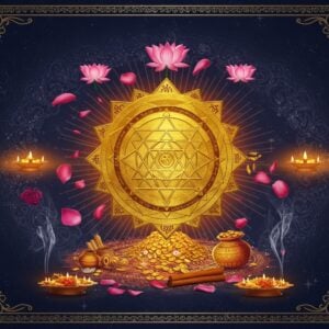 A meticulously detailed sacred Lakshmi Yantra floating in ethereal space, rendered in pure gold sacred geometry against a deep midnight blue background. The yantra emanates a soft, divine golden glow, with intricate Sanskrit bindu patterns and precisely drawn intersecting triangles. Goddess Lakshmi's symbols - pink lotus flowers, gold coins, and kalash pots - orbit around the yantra in a circular motion. Streams of mystical light in shades of saffron and pearl white spiral outward from the central point. The scene is enhanced with floating rose petals, subtle smoke trails of sandalwood incense, and twinkling stars resembling diamonds. Ethereal peacock feathers frame the corners, while delicate mandala patterns in silver and gold create a mesmerizing border. The art style combines traditional Tantric precision with modern digital luminescence, creating a three-dimensional depth effect. Subtle hints of prosperity symbols like conch shells and sacred rice grains are scattered elegantly around the edges.