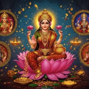 A majestic scene showing Goddess Lakshmi in multiple artistic interpretations: In the center, a photorealistic modern depiction of Goddess Lakshmi seated on a pink lotus, wearing a rich red and gold silk saree, four arms holding lotus flowers, golden coins cascading from her lower right hand, left hands bestowing blessings and holding a golden pot. Her face is serene with traditional Indian features, adorned with intricate gold jewelry. Around her, three circular frames in Madhubani art style showing different cultural interpretations: one showing her in a TV serial style with dramatic lighting and contemporary outfit, another in cinematic poster style with bold colors and dynamic pose, and a third showing her illustrated in modern book cover art style. The background features a large ornate mandala in peacock blue and gold, with floating golden coins, lotus petals, and sacred symbols. Modern lighting effects create a ethereal glow, while digital art elements blend seamlessly with traditional motifs. The scene transitions from traditional to modern, with soft particle effects and lens flares adding contemporary digital art elements. The overall color palette includes deep maroon, royal blue, gold, and hints of emerald green, creating a rich, cinematic feel while maintaining religious accuracy.