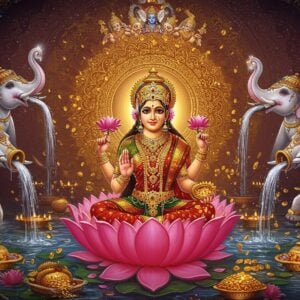 A radiant Goddess Lakshmi emerging from a blooming pink lotus in a cosmic ocean of milk (Kshira Sagara), her four arms gracefully positioned - right upper hand holding lotus flower, left upper hand showering gold coins, lower right hand in abhaya mudra, lower left hand in varada mudra. She wears a rich red and gold silk saree with intricate zari work, adorned with traditional gold temple jewelry including a elaborate crown, necklaces, bangles, and anklets. Her ethereal beauty enhanced by her golden complexion and serene expression. Behind her, a massive golden mandala glows with intricate Madhubani patterns. Four white elephants pour sacred water over her from golden kalashes. Floating lotus petals, sparkling gold coins, and celestial light particles surround her. Lord Vishnu watches from above, seated on Adisesha. Art style combines hyperrealistic digital rendering with traditional Indian Pattachitra elements, featuring deep jewel tones of maroon, gold, and peacock blue with magical lighting effects and a dreamy, spiritual atmosphere. The composition should be symmetrical and majestic, with subtle sacred geometry patterns in the background.