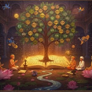 A grand ethereal library setting with intricate Madhubani-style borders, showing a mystical tree of knowledge emerging from an ancient palm leaf manuscript. The tree's branches form the shapes of India's geographical regions, each branch carrying different scriptural styles - Devanagari, Tamil, Bengali, and others in golden calligraphy. Indian scholars in traditional attire from different eras sit in peaceful meditation around the tree. Floating peacock-blue and saffron-colored sacred symbols transform into birds mid-flight. The scene is illuminated by warm, glowing orbs resembling Sanskrit mantras. A flowing river of golden light weaves through the scene, representing the flow of languages. In the foreground, delicate lotus flowers bloom, each petal featuring subtle patterns of different Indian scripts. The color palette combines deep maroons, royal blues, and metallic golds with soft pastel highlights. The entire scene is rendered in a harmonious blend of traditional Pattachitra art style with modern digital techniques, creating a surreal, dreamlike atmosphere. Hyper-detailed, cinematic lighting, photorealistic textures.