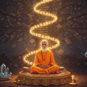 A serene Indian sage in traditional saffron dhoti seated in padmasana on an ornate golden mandala platform, surrounded by floating Sanskrit manuscripts rendered in ethereal light. The manuscripts spiral around him in a DNA-like helix pattern, with each letter transforming into golden light particles. The background features a massive tree of knowledge with branches made of intricate Madhubani patterns in deep maroon and peacock blue. The leaves of the tree are composed of miniature Vedic symbols and mantras that emit a soft, golden glow. Multiple translucent layers of reality appear to overlap, showing the same scene from different philosophical perspectives. Floating crystal prisms near the sage refract light into sacred geometric patterns. The lighting is mystical with warm golden rays filtering through the scene, creating an atmosphere of divine wisdom. The art style combines hyperrealistic digital rendering with traditional Pattachitra elements, featuring rich textures and intricate details in a modernized presentation. The sage's expression is deeply meditative and enlightened, with a subtle aura of spiritual energy surrounding him.
