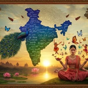 A surreal digital illustration showing the silhouette of Mother India's map formed by intertwining peacocks in rich jewel tones (sapphire blue, emerald green, and royal purple), their feathers transforming into flowing ribbons of different Indian scripts (Devanagari, Bengali, Tamil, Malayalam). The map floats above a serene lotus pond reflecting a golden sunrise. Traditional Madhubani-style border patterns frame the scene, incorporating modern geometric elements. In the foreground, an elegant Indian woman in a contemporary fusion outfit (pastel pink and gold silk dress with traditional embroidery) sits in padmasana, her hands forming mudras. Multiple translucent butterflies in saffron, white, and green emerge from her open palms, each carrying tiny cultural symbols (bells, diyas, rangoli patterns). The background features a large, glowing mandala in metallic gold and copper tones, with soft rays of light creating a dreamy atmosphere. Floating cultural elements like temple bells, classical dance poses, and traditional musical instruments blend seamlessly into the composition.