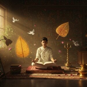 A serene indoor study scene featuring a young Indian scholar in contemporary clothing (crisp white kurta) seated cross-legged on an ornate meditation cushion, illuminated by warm golden light streaming through a traditional South Indian window. The background showcases a beautifully detailed wall with Madhubani-style artwork depicting scenes from Tamil culture. Floating around him are ethereal, glowing Tamil-style architectural elements and temple motifs in soft peacock blue and gold. A stylized palm leaf manuscript hovers in front, emanating subtle light. The scene includes intricate mandala patterns in saffron and maroon, with floating lotus flowers and peaceful doves. Modern elements like sleek study lamps and minimalist furniture blend seamlessly with traditional brass vessels and silk drapes. The lighting is dreamy and atmospheric, creating a harmonious blend of ancient wisdom and contemporary learning. The art style combines hyperrealistic digital rendering with traditional Indian art patterns, emphasizing both scholarly dedication and spiritual connection. The overall composition suggests tranquility, focus, and intellectual pursuit.