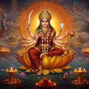 A majestic portrayal of Devi Durga in her divine form, seated on a golden lotus emerging from cosmic waters. She has eight arms holding traditional weapons - clockwise from top right: trishul, sword, chakra, conch, lotus, bow, shield, and bell. Her face is serene with a subtle smile, adorned with a crown featuring the crescent moon. She wears a deep red silk saree with intricate gold zari work. Behind her is a large, glowing mandala in shades of saffron and gold, emanating divine light. The background shows ethereal scenes from different Devi legends - Mahishasura's defeat, Sati's sacrifice, and Parvati's tapasya - rendered in traditional Madhubani style but with modern digital aesthetics. Floating lotuses, peacock feathers, and sacred symbols surround her. The lighting is mystical with soft golden rays breaking through clouds, creating a dreamlike atmosphere. The color palette includes deep maroon, royal blue, saffron, and gold with accents of pearl white. In the foreground, sacred items like kumkum, flowers, and diyas create a devotional setting. Hyperrealistic digital art style with magical elements.