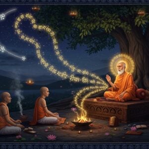 A serene nighttime scene depicting an ancient Indian gurukul setting with a wise elderly guru in saffron robes seated on an ornate wooden platform, surrounded by a magical golden aura. The guru is teaching three devoted disciples seated cross-legged on the ground, each wearing traditional white dhotis. Sacred knowledge is visualized as streams of ethereal light flowing from the guru's hands to the disciples, forming intricate mandalas and Sanskrit symbols in the air. The background features a massive banyan tree with glowing roots representing the unbroken lineage, its branches illuminated by floating diyas. Traditional Madhubani-style patterns in deep indigo and gold adorn the borders of the scene. Crystal-clear stars twinkle above, forming constellation patterns of ancient Hindu symbols. The atmosphere is mystical with soft, otherworldly lighting, highlighting the sacred transmission of knowledge. The scene combines photorealistic details with spiritual symbolism, rendered in a modern digital art style with rich textures and dramatic lighting effects. Floating lotus flowers and subtle smoke from sacred fire add depth and movement to the composition.