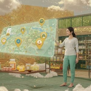 A serene digital marketplace visualization merging traditional Indian elements with futuristic technology, showing a young Indian woman in modern casual wear using a holographic interface floating in mid-air, with Patanjali store locations appearing as glowing golden lotus markers on a ethereal map. The background features a blend of Madhubani-style patterns in soft saffron and peacock blue, with detailed mandalas containing ayurvedic herbs and yoga poses. The scene is illuminated by warm, divine light streaming through stylized clouds. Floating shelves showcase an array of Patanjali products - ghee bottles, herbal supplements, and cosmetics, each emanating a subtle golden glow. Modern glass and sustainable bamboo architecture of a Patanjali store is visible in the background, adorned with traditional Indian motifs. The overall composition maintains a balance between traditional Indian aesthetics and contemporary digital design, with a soft color palette of mint green, rose gold, and celestial blue. Photorealistic rendering with magical realism elements, 8k resolution, detailed texturing, volumetric lighting, and cinematic atmosphere.