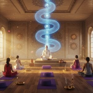 A serene Indian meditation hall with polished wooden floors and large windows, illuminated by soft golden morning light. A modern-day Indian spiritual guide in white kurta sits in Padmasana pose on an elevated platform, surrounded by 5-6 diverse Indian students practicing SKY yoga poses on purple yoga mats. A large, ethereal, glowing blue kundalini serpent energy spiral rises behind them, intertwining with geometric sacred patterns and mandala designs. The walls feature subtle reliefs of traditional yoga mudras and chakra symbols in metallic copper. Floating particles of light create a mystical atmosphere, while lotus flowers in pastel pink and white emerge from corners. The scene combines modern minimalist architecture with traditional Indian spiritual elements, rendered in a digital art style that blends photorealism with magical realism. The lighting emphasizes warm golds and cool blues, creating a peaceful, inviting atmosphere. Small details include brass bells, meditation cushions, and aromatic incense wisps adding authenticity to the space.