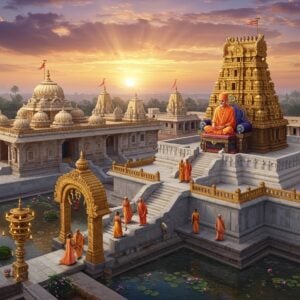 A majestic aerial view of a traditional South Indian Raghavendra Swami Math temple complex with distinctive Dravidian architecture, featuring golden gopurams and white marble structures against a dawn sky with soft orange and purple hues. The main temple showcases the divine presence of Sri Raghavendra Swamy in his signature pose - seated in Padmasana on a marble throne, wearing saffron robes, holding japa mala in his right hand and a scripture in his left, with his characteristic peaceful smile. Multiple smaller shrines and pathways radiate from the central temple like a sacred mandala pattern. Divine rays of light stream down through clouds, illuminating the temple complex. Intricate Madhubani-style patterns adorn the temple walls in gold and deep maroon. The foreground features a serene pond with floating lotus flowers and a traditional stone deepastambha (lamp tower). Small groups of devotees in traditional attire can be seen entering through the ornate entrance archway. The scene is rendered in a photorealistic style with mystical lighting effects, creating an atmosphere of divine presence and spiritual guidance.