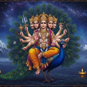 A majestic Lord Kartikeya seated on his celestial peacock mount against a cosmic backdrop with swirling galaxies and stars, rendered in deep royal blues and celestial golds. The deity appears youthful and powerful, with six perfectly detailed faces showing serene expressions, twelve strong arms wielding divine weapons - spear (Vel) in primary right hand, sword, mace, thunderbolt, bow, arrow, and other weapons distributed among remaining hands. He wears traditional golden armor with intricate Madhubani-style patterns, adorned with precious gems. His peacock mount has its feathers spread in a magnificent display, each feather detailed with intricate mandala patterns in iridescent blues and greens. The background features ethereal misty Kailash mountains, with the six Krittikas (represented as glowing stars) forming a constellation above. Soft divine light emanates from his form, creating a heavenly aura. The scene incorporates subtle lotus motifs and sacred geometrical patterns in the borders. The art style merges hyperrealistic digital rendering with traditional Indian art elements, using a color palette of deep celestial blues, royal purples, bright golds, and emerald greens. Strong dramatic lighting emphasizes the divine nature of the scene.