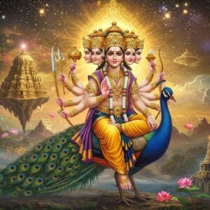 A majestic portrayal of Lord Kartikeya seated on his peacock vahana against a cosmic backdrop with swirling golden energies and mandala patterns. He appears as a handsome young warrior with six heads wearing golden armor and crown, radiating divine light. His twelve arms hold traditional weapons - vel (spear) in the primary right hand, other hands holding sword, bow, arrow, mace, shield, lotus, and mudras. The peacock is intricately detailed with flowing feathers in royal blues and greens with gold accents. A mystical mountain temple complex floats in the background with glowing Sanskrit symbols dissolving into light. The scene features floating lotus flowers, sacred flames, and ethereal mist in soft pastels of pink and blue. The lighting is dramatic with golden rays emanating from Lord Kartikeya's form. The art style combines traditional Indian Thanjavur painting elements with modern digital fantasy art techniques, emphasizing metallic gold details and luminescent effects. The overall atmosphere is powerful yet serene, depicting both the warrior and spiritual aspects of the deity.