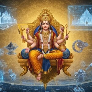 A majestic portrayal of Lord Vishwakarma seated on an ornate golden throne floating in a contemporary architectural space, holding his four divine tools - measuring stick (hasta) in upper right hand, water vessel (kalasha) in upper left hand, craftsman's book in lower right hand, and tools in lower left hand. He wears traditional divine clothing with intricate geometric patterns in deep saffron and gold. Behind him, a massive floating holographic blueprint merges with traditional Vedic architectural designs. The scene showcases modern skyscrapers seamlessly blending with ancient temples, all emerging from divine golden light. In the foreground, various tools of modern engineering - robots, 3D printers, circuit boards, and architectural models float and glow with ethereal blue energy. The background features a large mandala pattern made of interconnected tools and architectural elements. The lighting combines warm golden rays with cool technological blue hues. The art style merges traditional Madhubani patterns in the details with sleek, modern digital aesthetics. Lord Vishwakarma has a serene expression, fair complexion, and wears a divine crown with intricate craftsmanship.