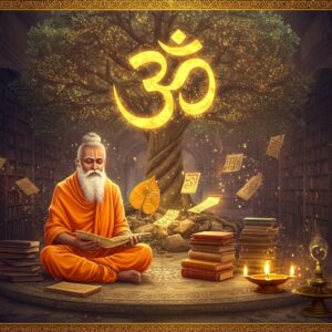 A serene Indian sage with a silver beard, dressed in saffron robes, seated in padmasana on an ornate marble platform adorned with intricate Madhubani-style carvings. He holds ancient palm leaf manuscripts in his hands, surrounded by floating, luminescent Sanskrit texts that fade into golden particles. Behind him, a massive tree of knowledge with branches forming the shape of the sacred Om symbol, its leaves made of shimmering golden light. The scene is set in a mystical library with towering bookshelves that curve impossibly into the distance. Soft ethereal light filters through crystal-clear windows, creating halos around carefully stacked ancient texts. In the foreground, a gleaming bronze oil lamp casts a warm glow, its flame creating dancing shadows that form philosophical symbols. The color palette combines deep maroons, rich golds, and peaceful blues, while maintaining a dreamy, surreal quality. The artwork style seamlessly blends traditional Pattachitra patterns in the borders with modern digital art techniques, creating a contemporary yet timeless feel.