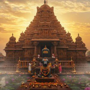 A majestic ancient Shiva temple emerging from morning mist, its Dravidian architecture rendered in intricate detail with multiple tiers of carved stone work, featuring traditional Chalukyan style sculptures. The main shikhara towers against a ethereal sunrise sky in shades of saffron and gold. Lord Shiva's massive lingam visible through the temple entrance, surrounded by glowing oil lamps and scattered marigold flowers. The foreground shows detailed Madhubani-style patterns of devotees performing abhishekam with milk and water streaming down the lingam. Sacred bull Nandi in black stone sits prominently in front, adorned with garlands. The scene is illuminated by divine rays of light breaking through clouds, creating a mystical atmosphere. The temple grounds feature blooming lotus ponds with floating diyas, their reflections creating patterns in the water. Intricate mandala patterns and geometric yantras decorate the temple walls in gold and deep maroon. The overall composition balances photorealism with traditional Indian art elements, emphasizing the temple's spiritual significance with ethereal lighting and a dreamy, surreal quality.