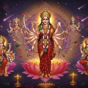 A majestic ethereal Indian goddess figure with multiple manifestations emerging from a cosmic golden lotus, central figure as Adi Parashakti with 10 arms holding traditional weapons - trishul, sword, lotus, conch, disc, bell, bow, shield, and showing abhaya and varada mudras. She wears a deep red and gold silk saree with intricate Madhubani-style border patterns. Her face is serene with a golden crown adorned with crescent moon. Around her, four smaller forms represent Durga (riding tiger), Kali (with dark complexion and red tongue), Lakshmi (seated on lotus with gold coins), and Saraswati (with veena and swan). Background features a large intricate Sri Yantra mandala glowing with divine purple-gold light. Floating peacock feathers, lotus petals, and sacred symbols create a dynamic frame. Art style merges hyperrealistic digital rendering with traditional Indian Pattachitra patterns. Scene bathes in ethereal light with swirling cosmic energy, shooting stars, and sacred geometry patterns. Rich jewel tones of deep maroon, royal blue, emerald green, and burnished gold dominate the color palette.