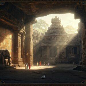 A breathtaking panoramic view of ancient Indian cave architecture, featuring the iconic Kailasa Temple of Ellora carved from a single rock, illuminated by golden morning sunlight streaming through mist. In the foreground, intricate Madhubani-style patterns frame the scene, incorporating elephants and peacocks in deep indigo and saffron hues. The middle ground shows detailed Buddhist murals from Ajanta caves with dancing apsaras in flowing garments, their jewelry gleaming with metallic highlights. The composition transitions from earthy browns and greys of the rock-cut structures to vibrant jewel tones of the murals. Floating lotus flowers and mandalas in soft pastels add a mystical quality. The scene includes small silhouettes of modern tourists providing scale to the massive structures. Ethereal beams of light filter through natural cave openings, creating dramatic shadows and highlighting the sculptural details. The art style combines photorealistic textures of ancient stone with stylized Indian decorative elements, rendered in a modern digital aesthetic with volumetric lighting and atmospheric depth. 8k resolution, cinematic composition, architectural photography style, magical realism.