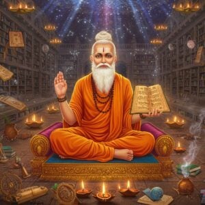 A majestic portrait of Maharishi Bharadwaja, depicted as an elderly sage with serene expression, long white beard, wearing saffron-colored traditional attire, seated in padmasana on a golden lotus platform. His right hand holds the sacred Vedas rendered in glowing Sanskrit manuscripts, while his left hand is in chin mudra. Behind him, a massive ethereal library stretches infinitely with floating ancient texts and astronomical charts. The scene is illuminated by multiple floating oil lamps casting a warm golden glow. In the foreground, intricate Madhubani-style patterns showcase various scientific instruments - the Pushpaka Vimana, celestial weapons, and surgical tools mentioned in Bharadwaja Samhita. The background features a cosmic mandala with constellations and sacred geometry patterns in deep indigo and gold. Soft rays of divine light stream down from above, while wispy smoke from sacred herbs creates mystical patterns. The art style merges hyperrealistic digital rendering with traditional Indian art elements, using a color palette of deep maroons, burnished golds, celestial blues and saffron. The overall composition suggests both ancient wisdom and timeless knowledge.