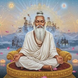 A serene portrait of Maharishi Mahesh Yogi in pristine white robes with flowing silver-grey beard, seated in padmasana on an ornate golden lotus platform, eyes closed in deep meditation. His face radiates peace with a subtle smile. Behind him, a large ethereal mandala glows with soft blues and golds, emanating light waves. Multiple translucent layers show scenes of his global impact - Beatles at Rishikesh, TM practitioners in meditation, and modern meditation halls. Floating sacred geometry patterns and Sanskrit symbols blend with digital particle effects. The color palette combines warm spiritual golds with cool peaceful blues. The background features the Himalayas at sunrise with mist swirling. Lotus petals and light orbs float in the air. The art style merges traditional Indian miniature painting techniques with modern digital art, creating a dreamy atmospheric quality. The lighting is soft and divine, with god rays emerging from behind the figure. Hyperrealistic details in the face and robes, stylized spiritual elements.