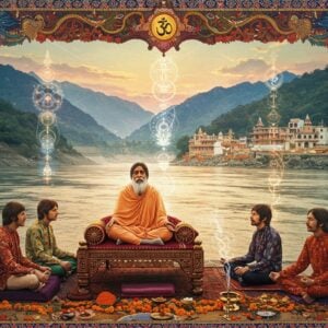 A serene riverside scene in Rishikesh, depicting the iconic 1968 moment with Maharishi Mahesh Yogi seated in padmasana on an ornate wooden platform, wearing traditional white robes and sporting his characteristic long beard and gentle smile. The Beatles (John, Paul, George, and Ringo) sit cross-legged before him in colorful Indian kurtas. The background features the majestic Himalayas and the flowing Ganges river, with the historic Maharishi Ashram buildings visible. The scene is bathed in a mystical golden hour light, with swirling patterns of meditation energy and sacred geometry mandalas floating in the air. Intricate Madhubani-style patterns frame the scene, featuring lotus flowers, peacocks, and Om symbols. The color palette combines deep spiritually significant colors - saffron, celestial blues, and gentle gold. Ethereal light beams pierce through passing clouds, creating a divine atmosphere. In the foreground, scattered marigold flowers and incense smoke add depth. The artwork style merges photorealistic details with surreal spiritual elements, creating a dreamlike quality while maintaining historical accuracy in the characters' appearances and setting. The composition suggests both the cultural intersection and spiritual journey, with subtle sitar strings and musical notes blending into the mystical patterns.