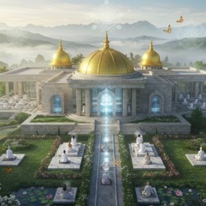 A serene aerial view of a modern glass-and-stone ashram complex nestled in lush Himalayan foothills, designed in Maharishi Sthapatya Veda architecture with distinctive golden spires and symmetrical layout. The central meditation hall features a large crystalline dome refracting golden sunlight. Peaceful gardens with blooming lotus ponds surround the structure, while ethereal blue-white light emanates from the meditation spaces. In the foreground, a group of diverse practitioners in white clothing perform Transcendental Meditation on marble platforms. Sacred geometry patterns and mandalas float as subtle energy forms above the complex. The scene is rendered in a harmonious blend of photorealistic and spiritual art styles, with soft morning mist adding depth. Small butterflies and peaceful doves hover near blooming jasmine flowers. The color palette combines earthy stones, pure whites, and touches of gold with the natural greens of the surrounding landscape. Ethereal light beams pierce through morning clouds, creating a divine atmosphere.