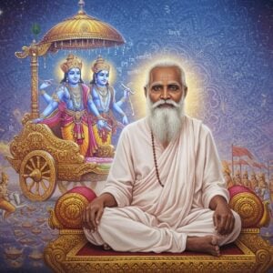 A serene portrait of Maharishi Mahesh Yogi in his characteristic white flowing robes and long grey beard, seated in Padmasana on an ornate golden lotus platform. Behind him, a large ethereal visualization of Krishna and Arjuna in a cosmic chariot emerges, rendered in glowing blue and gold hues. The background features intricate Madhubani-style mandalas and sacred geometry patterns in soft pastels. Multiple translucent layers show scenes from the Gita: a cosmic form of Krishna on one side, the battlefield of Kurukshetra on the other, all interconnected by flowing streams of golden light representing transcendental consciousness. Floating Sanskrit symbols and meditation imagery blend seamlessly with modern digital art elements. The lighting is soft and divine, with rays of light emanating from the Maharishi's peaceful expression. The color palette combines deep spiritual blues, cosmic purples, and gentle golds. The style merges traditional Indian art with contemporary digital aesthetics, creating a harmonious blend of ancient wisdom and modern interpretation. Hyperrealistic details in the faces and hands, with an overall dreamy, spiritual quality.