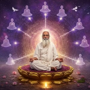 A serene portrait of Maharishi Mahesh Yogi in his signature white flowing robes and beard, seated in padmasana on an ornate golden lotus platform, emanating a soft ethereal glow. Behind him, a large cosmic mandala in shades of deep purple, indigo, and gold radiates outward. Multiple translucent silhouettes of modern people in meditation poses, representing his global following, form concentric circles around him. The scene features floating sacred geometry patterns, transcendental meditation symbols, and streams of luminescent energy connecting the teacher to his disciples. The background blends traditional Madhubani patterns with modern sacred geometry, featuring delicate lotus flowers, Om symbols, and peaceful doves. The lighting is mystical with gentle lens flares and floating light particles. The color palette combines warm spiritual golds with deep cosmic purples and blues. Photorealistic digital art style with surreal elements, cinematic lighting, and high attention to detail. 8K resolution, ethereal atmospheric quality.