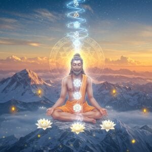 A serene, ethereal portrait of Mahavatar Babaji seated in Padmasana on a crystalline Himalayan peak, his form semi-transparent and luminescent. He appears as a youth with copper-colored skin, shoulder-length black hair, wearing a simple white dhoti. His eyes are closed in deep meditation, with a subtle golden aura surrounding him. The background features misty, snow-capped mountains bathed in sunrise colors of soft pink and gold. Floating around him are seven glowing white lotuses, symbolizing the seven chakras. Streams of blue-white light spiral upward, representing Kriya Yoga energy. The scene includes subtle sacred geometry patterns in gold, a large translucent Sri Yantra behind him, and wispy clouds that take forms of ancient Sanskrit symbols. The lighting is otherworldly, with rays of divine light breaking through clouds. The art style combines hyperrealistic digital painting with traditional Indian spiritual art elements, creating a mystical, timeless atmosphere. Small floating lights like fireflies illuminate the scene, and there's a subtle rainbow halo in the distance. The overall color palette includes deep blues, ethereal whites, soft golds, and gentle purples.