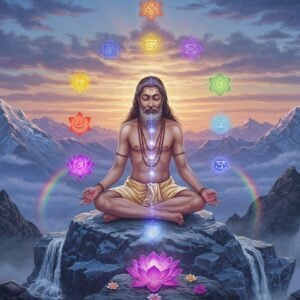 A serene ethereal scene depicting Mahavatar Babaji in his immortal youthful form, seated in padmasana on a crystalline Himalayan peak at dawn. He has long dark hair flowing with cosmic energy, wearing a simple white dhoti with bare upper body, radiating a subtle golden aura. His face shows timeless wisdom with deep meditative eyes. Around him float seven glowing, translucent lotus flowers in different chakra colors. Sacred geometry patterns and ancient Sanskrit vibrations visualized as flowing light streams emerge from his meditation. The background features misty mountains with snow caps bathed in sunrise colors of soft pink and gold. Small waterfalls cascade nearby, their spray creating rainbow light effects. Multiple semi-transparent layers of mandalas float in the space around him. The scene is illuminated by divine light breaking through clouds, creating god rays. The art style combines hyperrealistic digital painting with traditional Indian spiritual art elements, using a palette of ethereal blues, pristine whites, deep purples, and spiritual gold accents. The overall composition suggests deep transcendental meditation and spiritual mastery.