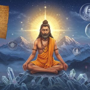 A mysterious figure of Mahavatar Babaji seated in Padmasana on a crystalline Himalayan peak, emanating a bright golden-white aura. His appearance is of a youthful man with copper-colored skin, long black hair, wearing a simple white dhoti. His eyes are closed in deep meditation, with a serene smile. Behind him, a ethereal scene shows half-materialized images: on one side, ancient palm leaves with Sanskrit texts and traditional depictions, and on the other side, modern photographs and documents, symbolizing the blend of myth and reality. The background features misty Himalayan mountains with floating lotus flowers and glowing mandalas. The scene is illuminated by both moonlight and divine light, creating a dreamy atmosphere. The art style combines hyperrealistic digital rendering with traditional Madhubani patterns in the aura and background details. Floating crystal spheres around him show reflections of different time periods, suggesting his timeless nature. The overall color palette includes deep blues, ethereal whites, soft golds, and subtle purples, with a magical, mystical quality to the entire composition.