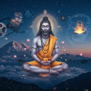A mystical, ethereal portrait of Mahavatar Babaji meditating in lotus position, floating above the Himalayas at twilight. His appearance is youthful yet timeless, with flowing black hair, serene expression, and radiant skin. He wears a simple white dhoti with a golden border. A subtle golden aura surrounds him, with swirling energy patterns reminiscent of traditional Indian mandalas. In the background, multiple translucent layers show his influence: a film reel floating with scenes from spiritual movies, books with glowing pages, and a stylized silhouette of Rajinikanth in his iconic pose. The scene is illuminated by ethereal blue-white light, with sacred geometry patterns subtly woven throughout. Himalayan peaks are shrouded in mystical mist, with floating lotus flowers and spiritual symbols creating a dreamy atmosphere. The art style combines hyperrealistic digital rendering with traditional Indian artistic elements, featuring a color palette of deep blues, whites, golds, and soft purples. Small particles of light float around Babaji, creating a magical, supernatural ambiance.